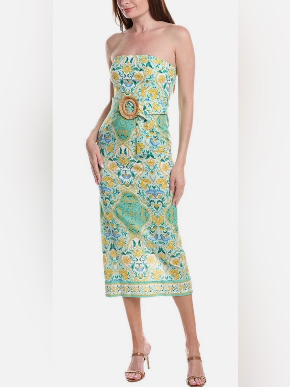 Adrianna Papell Strapless Printed Midi Dress with Raffia Belt in Mint Multi